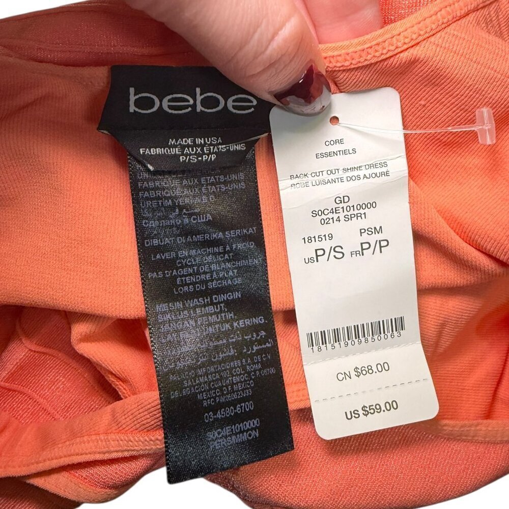Bebe Back Cutout Shine Bodycon Dress Salmon Small NWT - Picture 2 of 6